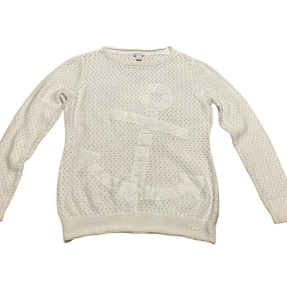 Nautica White Anchor Pullover Sweater Women’s Size Medium Eyelet 100% Cotton